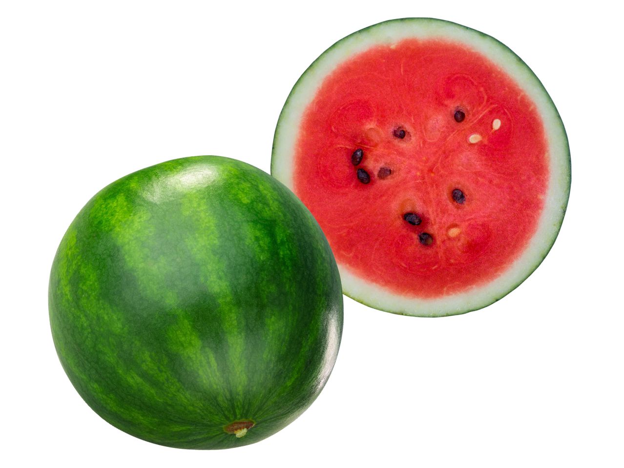 Wassermelone: ganz und halbiert.