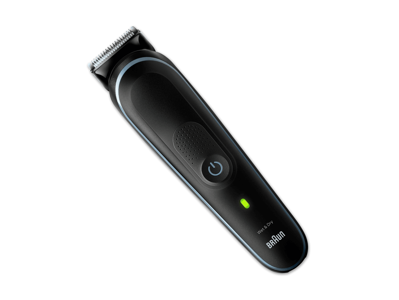 Ein schwarzer Braun Barttrimmer mit leuchtender grüner Anzeige auf schwarzem Hintergrund.