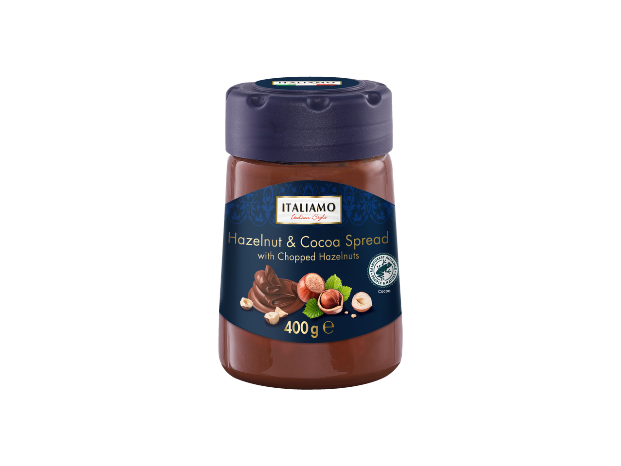 ITALIAMO lazdyno riešutų ir kakavos pasta su smulkintais lazdyno riešutais (400g).
