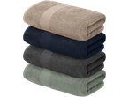 Livarno towels: stack of beige, dark blue, grey, and green towels.