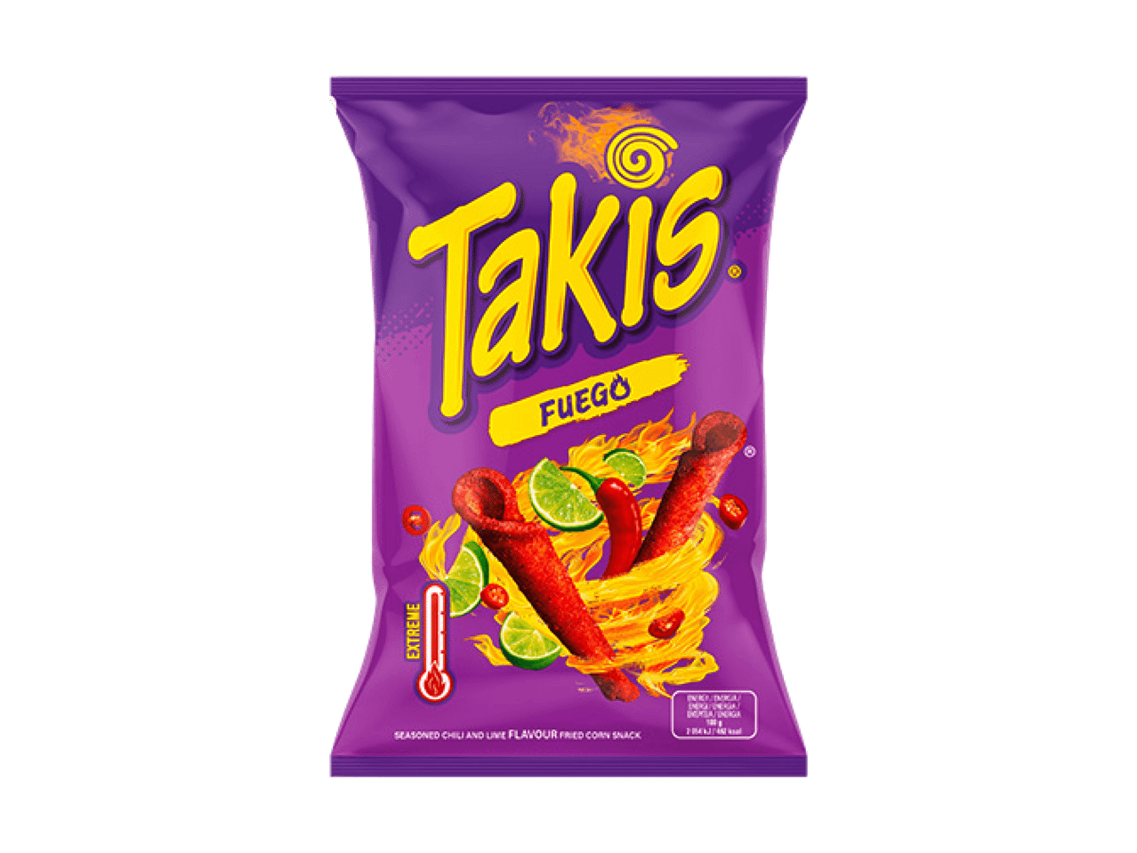 Lila Tüte mit frittierten Mais-Snacks mit Chili- und Limettengeschmack, Flammen und Chilis.