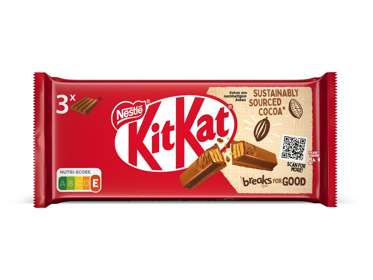 Rode verpakking met chocoladerepen, Nutri-Score A-E en duurzaam geproduceerde cacao.