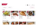 A recipe app interface showing categories like 'Basic' and 'Sauce & Dips' with dishes like Caesar Salad and Spaghetti Pasta.