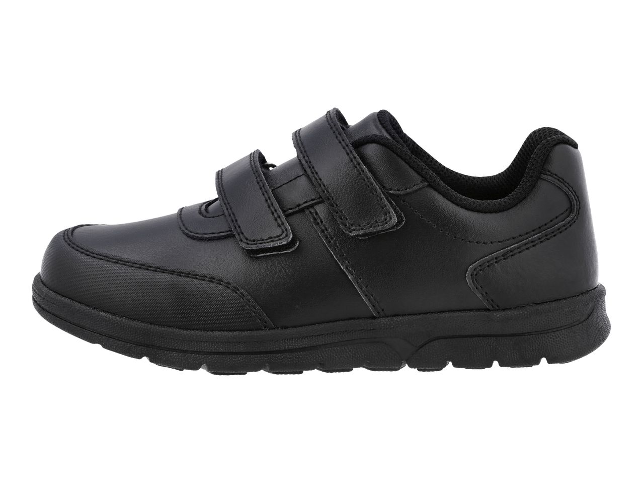 Black children's school shoe with two hook-and-loop fasteners.