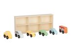 Wooden toy cars and a bus in various colors, with a wooden storage shelf.