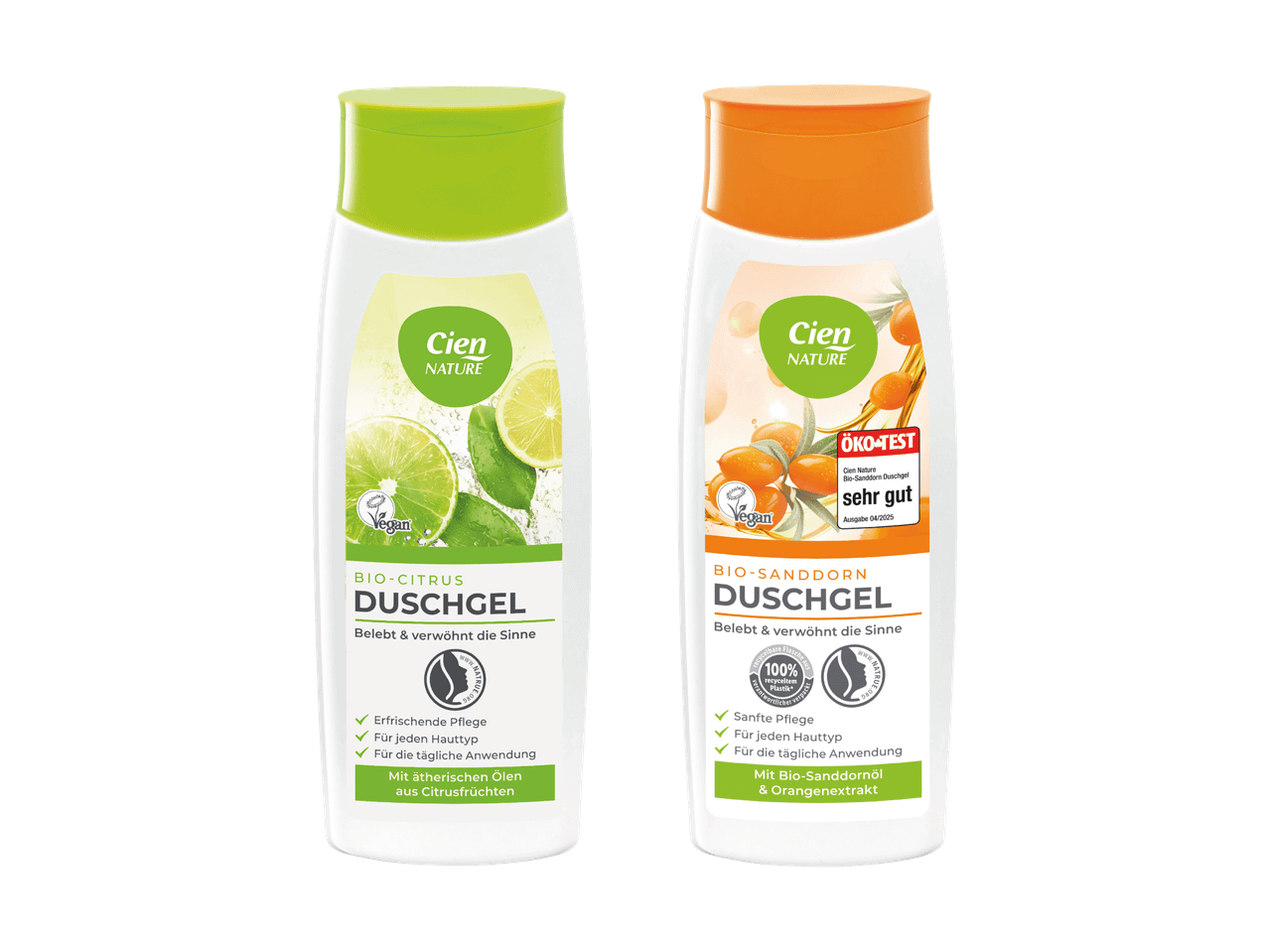 Zwei Flaschen Bio-Duschgel mit Zitrus- und Sanddorn-Duft.