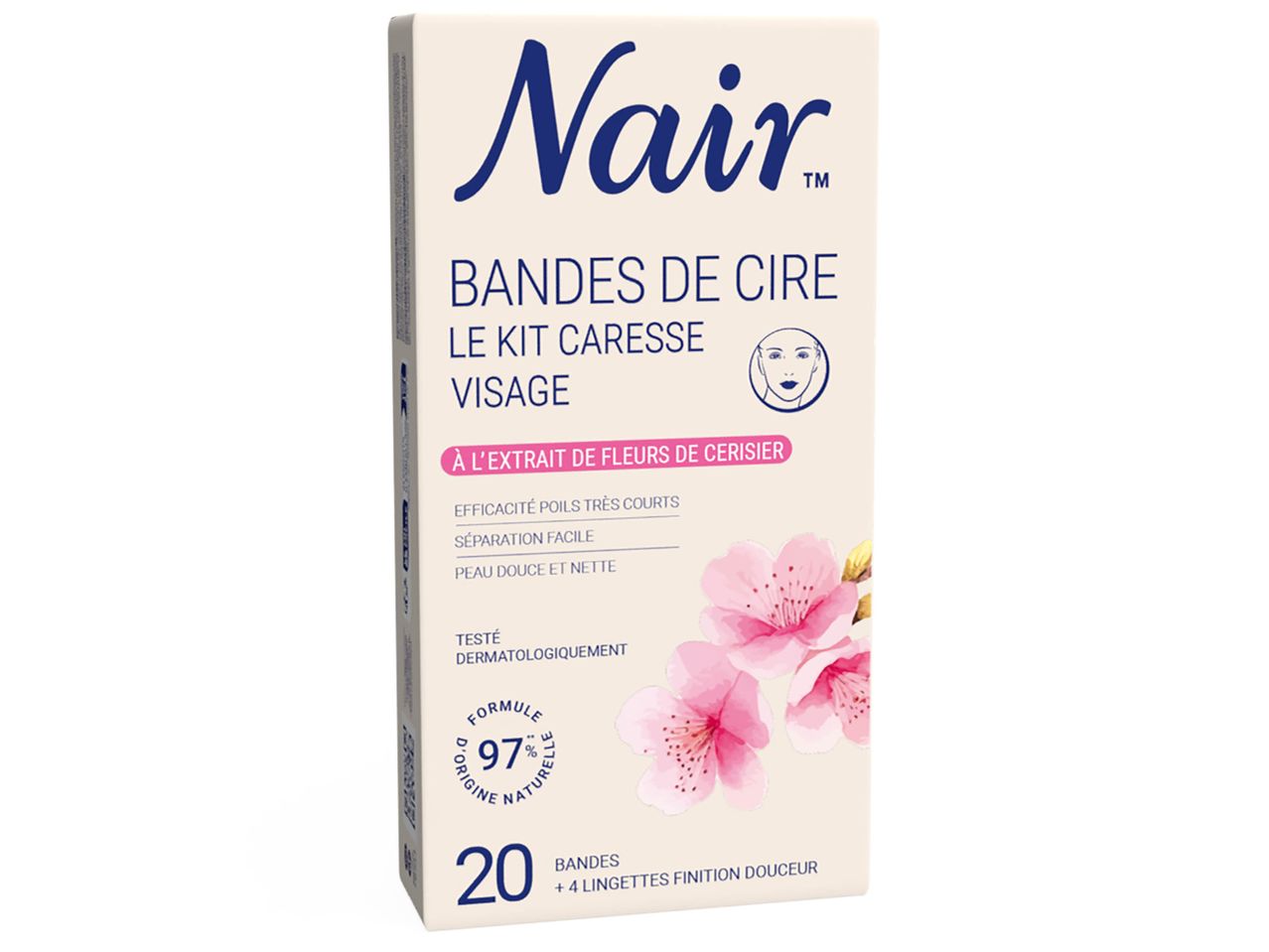 Boîte de 20 bandes de cire Nair pour le visage.