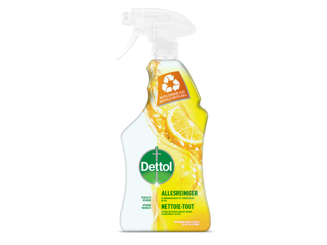 Allesreiniger met citroengeur in een recycleerbare fles, voor perfecte hygiëne.