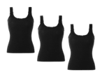 Drei schwarze Tanktops mit Spitzenbesatz.