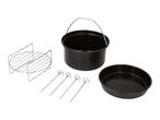 Air fryer accessories set including a cake pan, a pot with handle, a rack, and skewers.