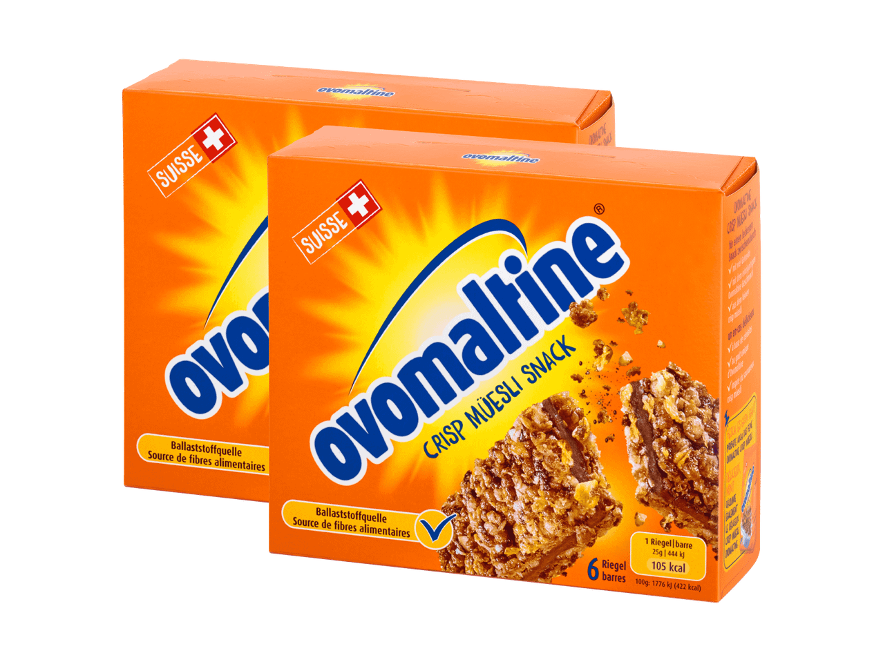 Deux boîtes de barres de céréales croustillantes à l'ovomaltine, avec l'indication 'Suisse' et 'Source de fibres alimentaires'.