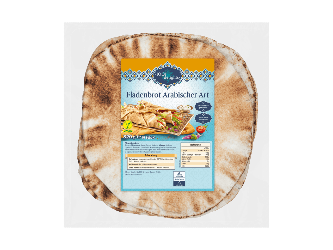 Fladenbrot arabischer Art in Verpackung mit Nährwertangaben und Zubereitungshinweisen.