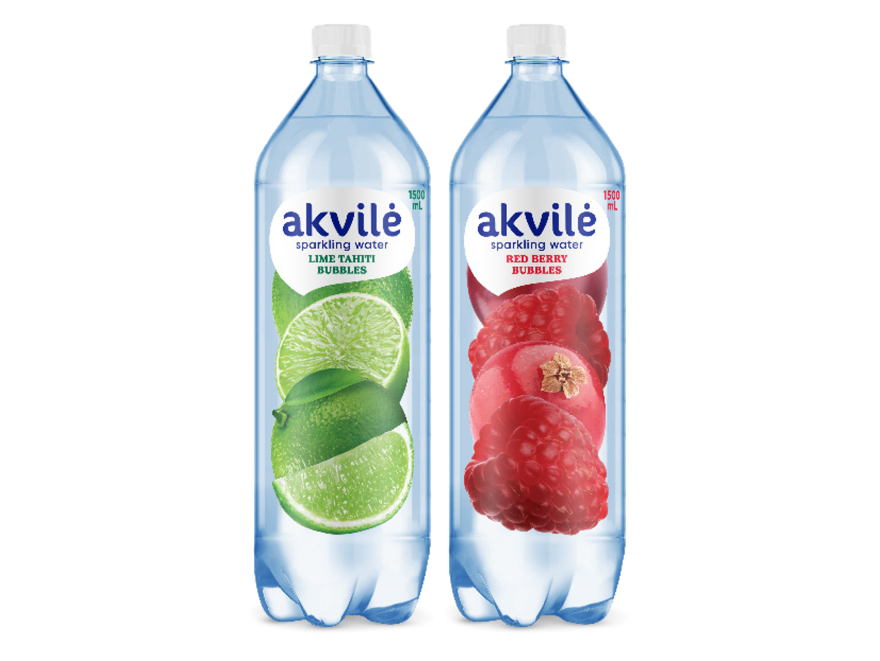 Divas Akvilė dzirkstošā ūdens pudeles: viena ar laima garšu, otra ar sarkano ogu garšu.