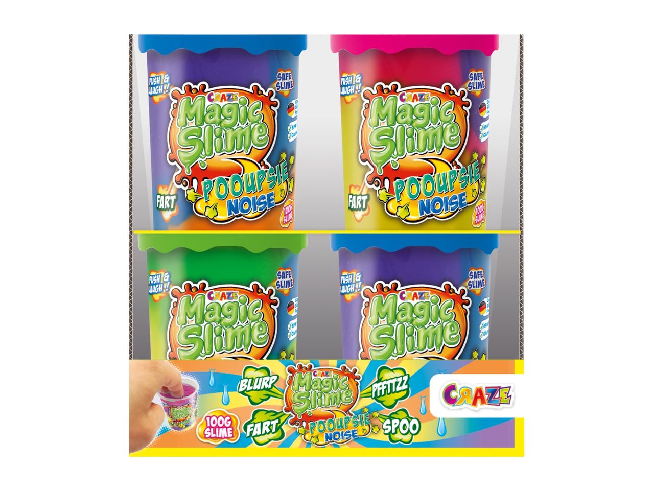 Four tubs of colorful Crazy Aaron's Thinking Putty.