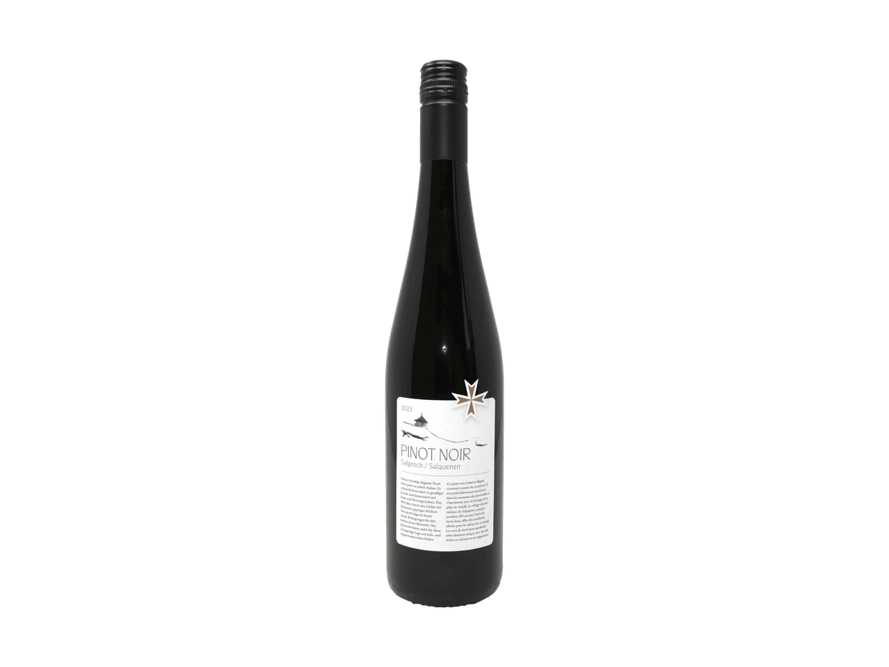 Flasche Pinot Noir Wein mit weißem Etikett und Malteserkreuz.