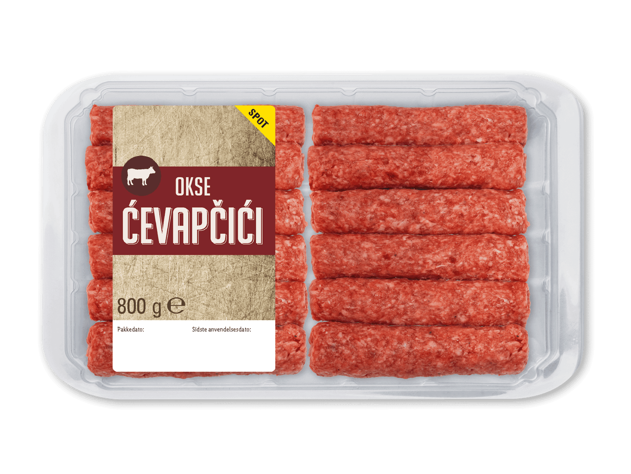 Pakke med oksekødscévapčiči, 800g, med en gul 'SPOT' etiket.