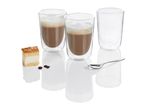 Two double-walled glass latte glasses with lattes, and an empty glass.