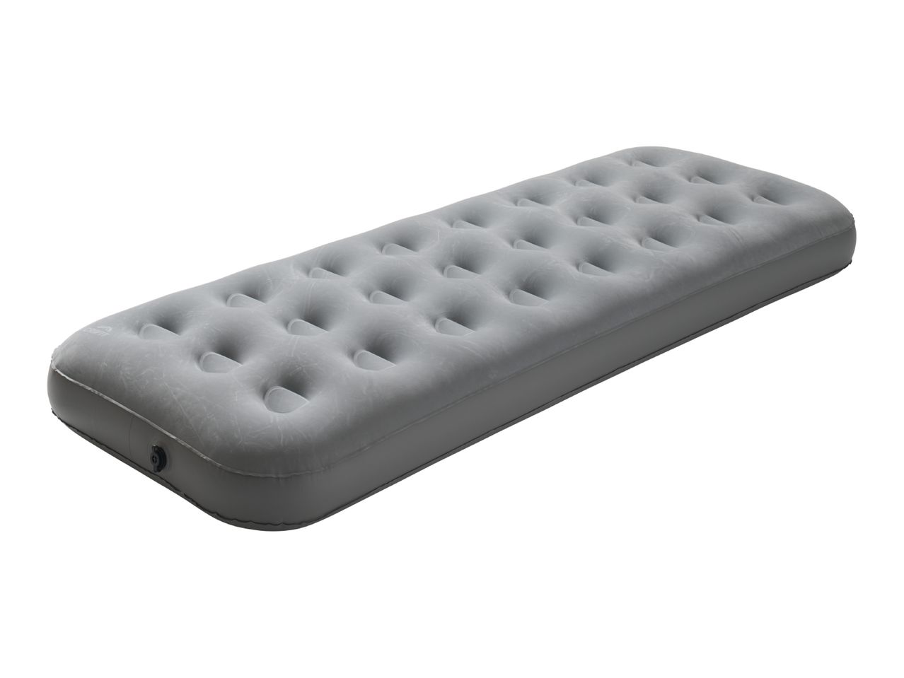 Grey inflatable air mattress with a textured surface, angled view