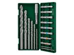 Drill bit and screwdriver bit set in a green case for a cordless drill driver.