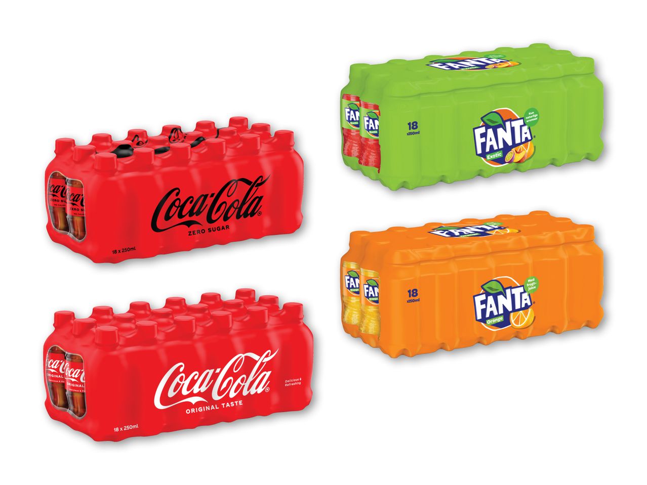 Fire pakker med 18 Coca-Cola og Fanta-drikkevarer i forskellige varianter.