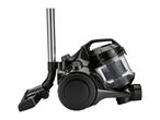 Black bagless cylinder vacuum cleaner with a transparent dustbin and chrome telescopic tube.