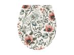 Toilet seat with a floral pattern featuring pink and blue flowers on a light background.