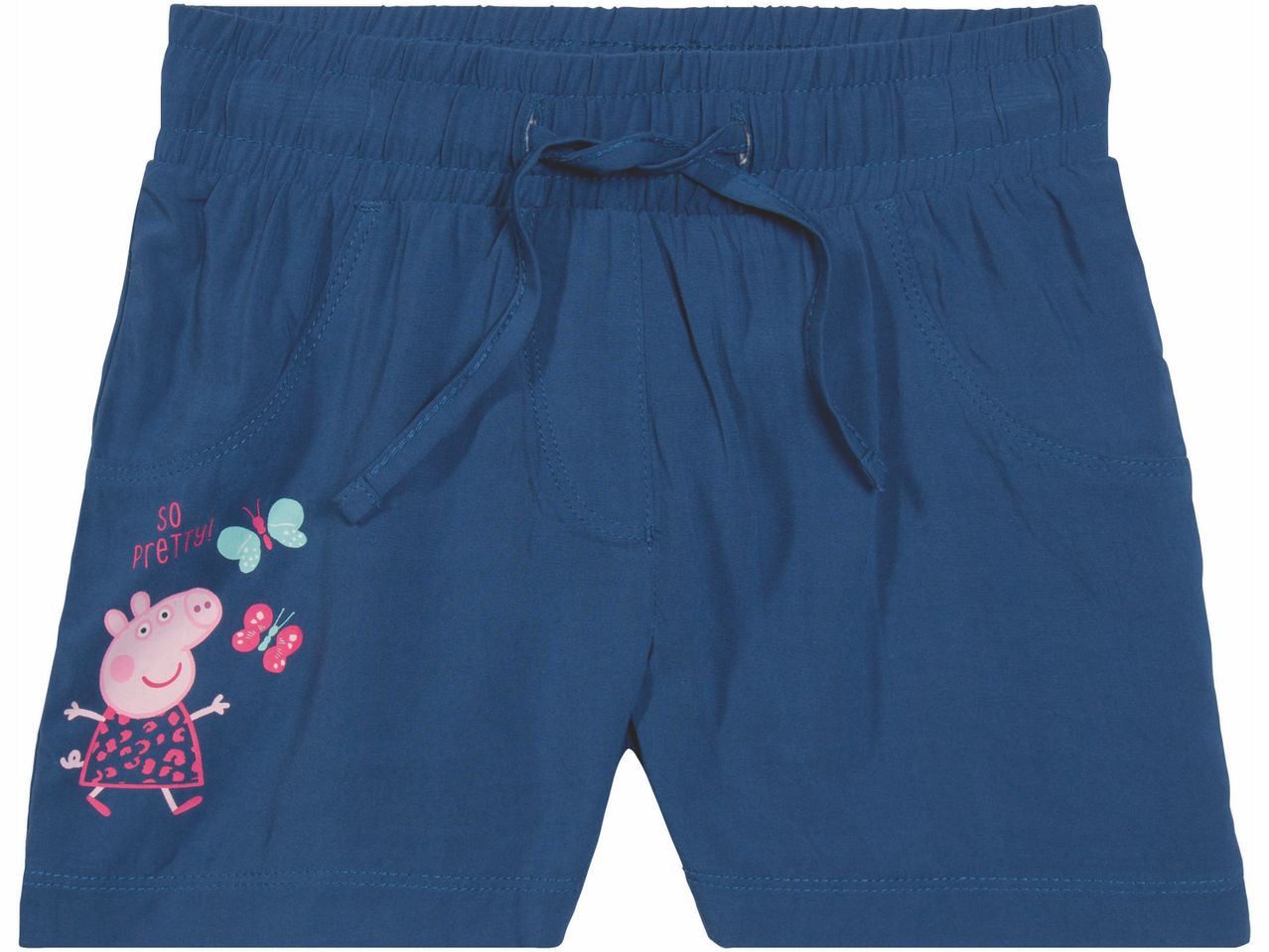 Pantaloncini blu da bambina con stampa Peppa Pig e farfalle.