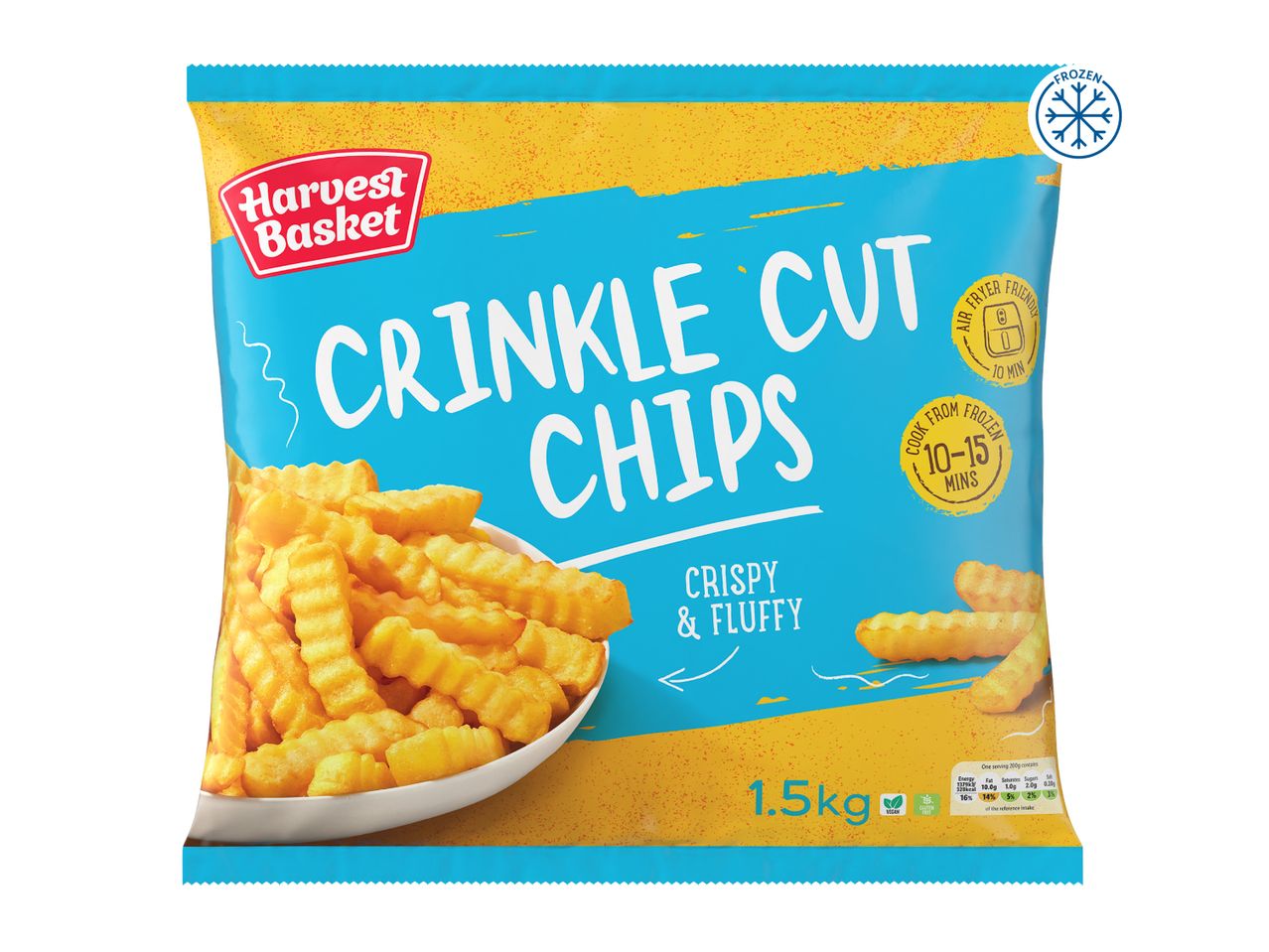 Frozen crinkle cut chips in a bag, 1.5kg, crispy & fluffy, cook from frozen in 10-15 mins.