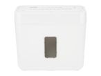 White paper shredder with a transparent window, featuring control buttons and indicators on top.