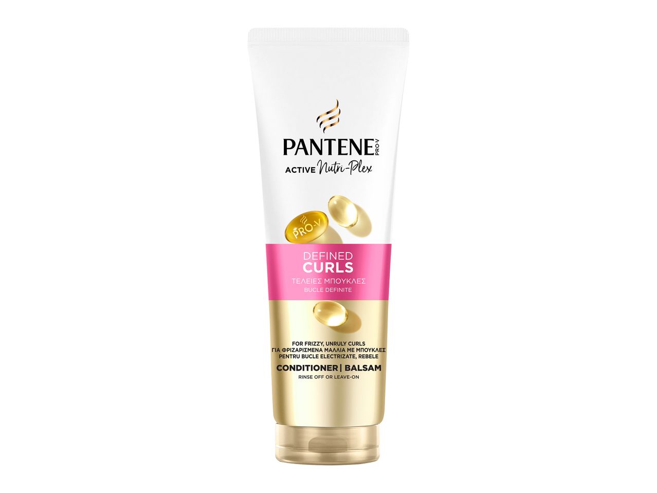 Λευκή και χρυσή συσκευασία Pantene Active Nutri-Plex Defined Curls Conditioner.