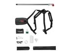 Weed trimmer with harness, tools, safety glasses, and accessories.