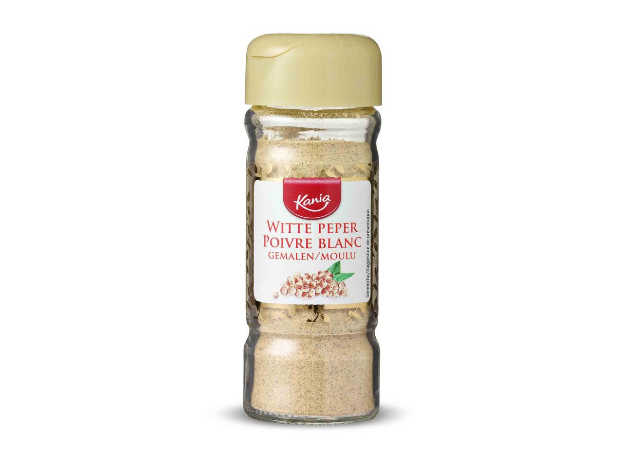 Gemalen witte peper Kanja in glazen pot.
