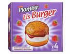 Dovgan Plombir Eis Burger: 4 vanille-ijs-hamburgers met frambozensaus en briochebroodjes.