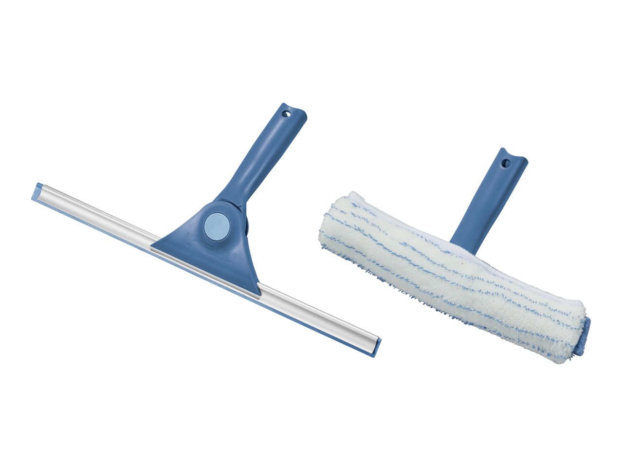 Window squeegee and window washer with blue handles.