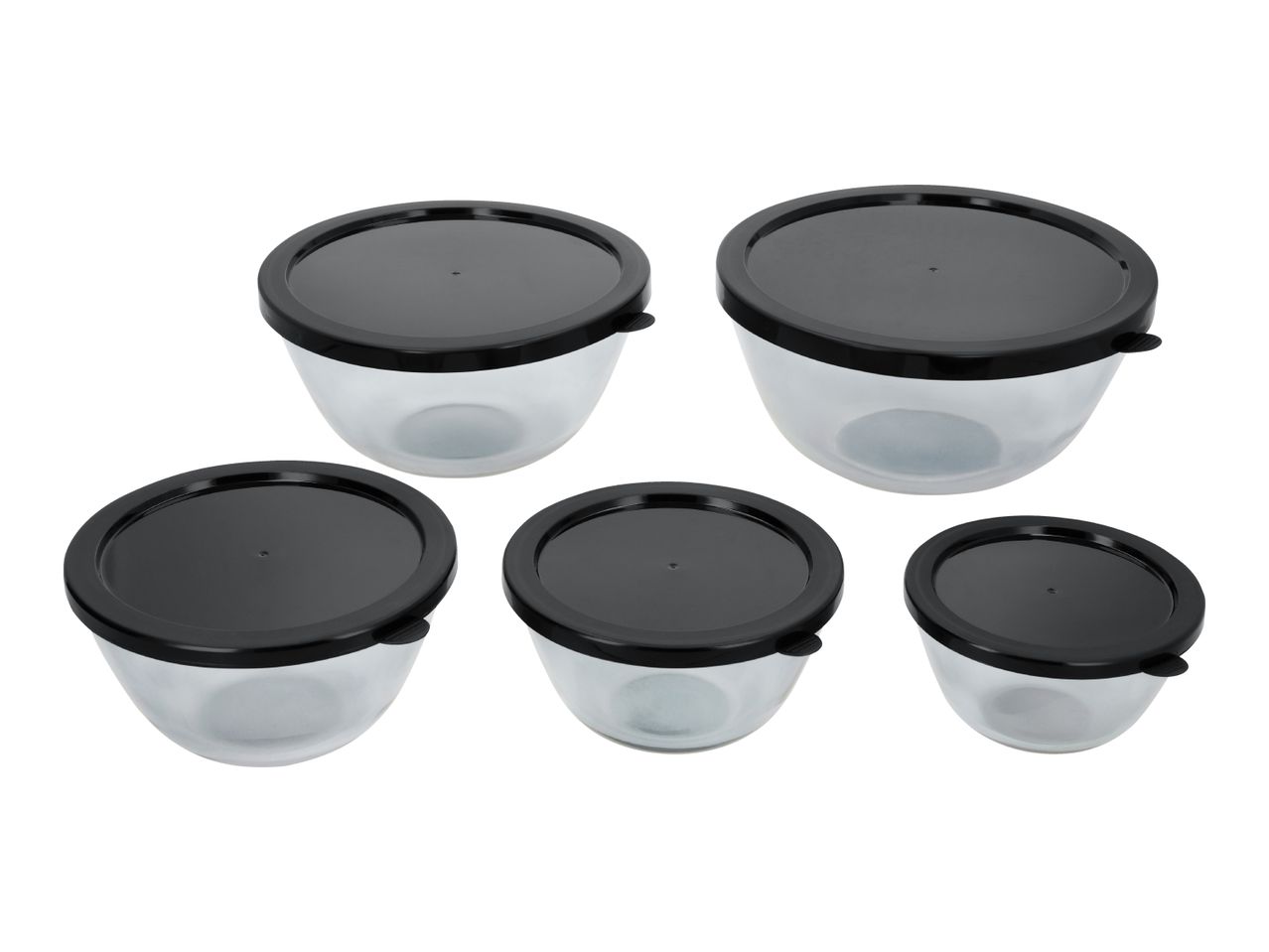 Set of five clear plastic food storage bowls with black lids, arranged on a white background.