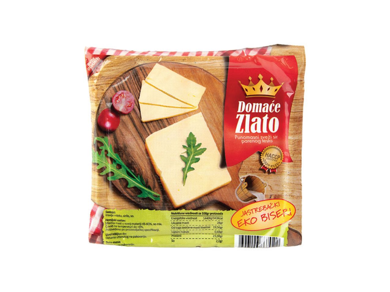 Pakovanje sira 'Domaće Zlato' sa natpisom 'Jastrebački Eko Biseri' i HACCP sertifikatom.