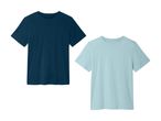 To ensfarvede t-shirts, en mørkeblå og en lyseblå.