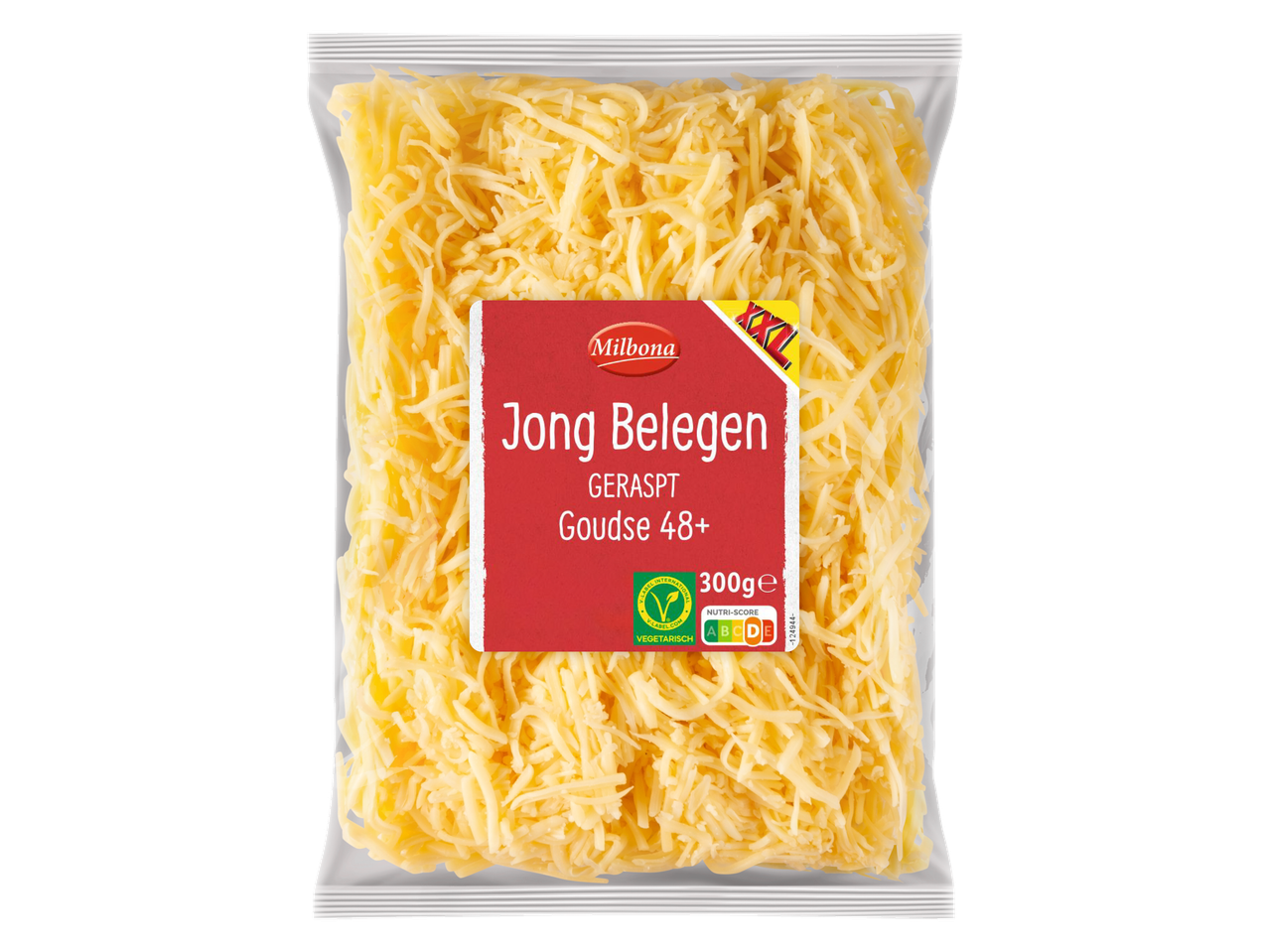 Een zak Milbona geraspte jong belegen Goudse kaas.