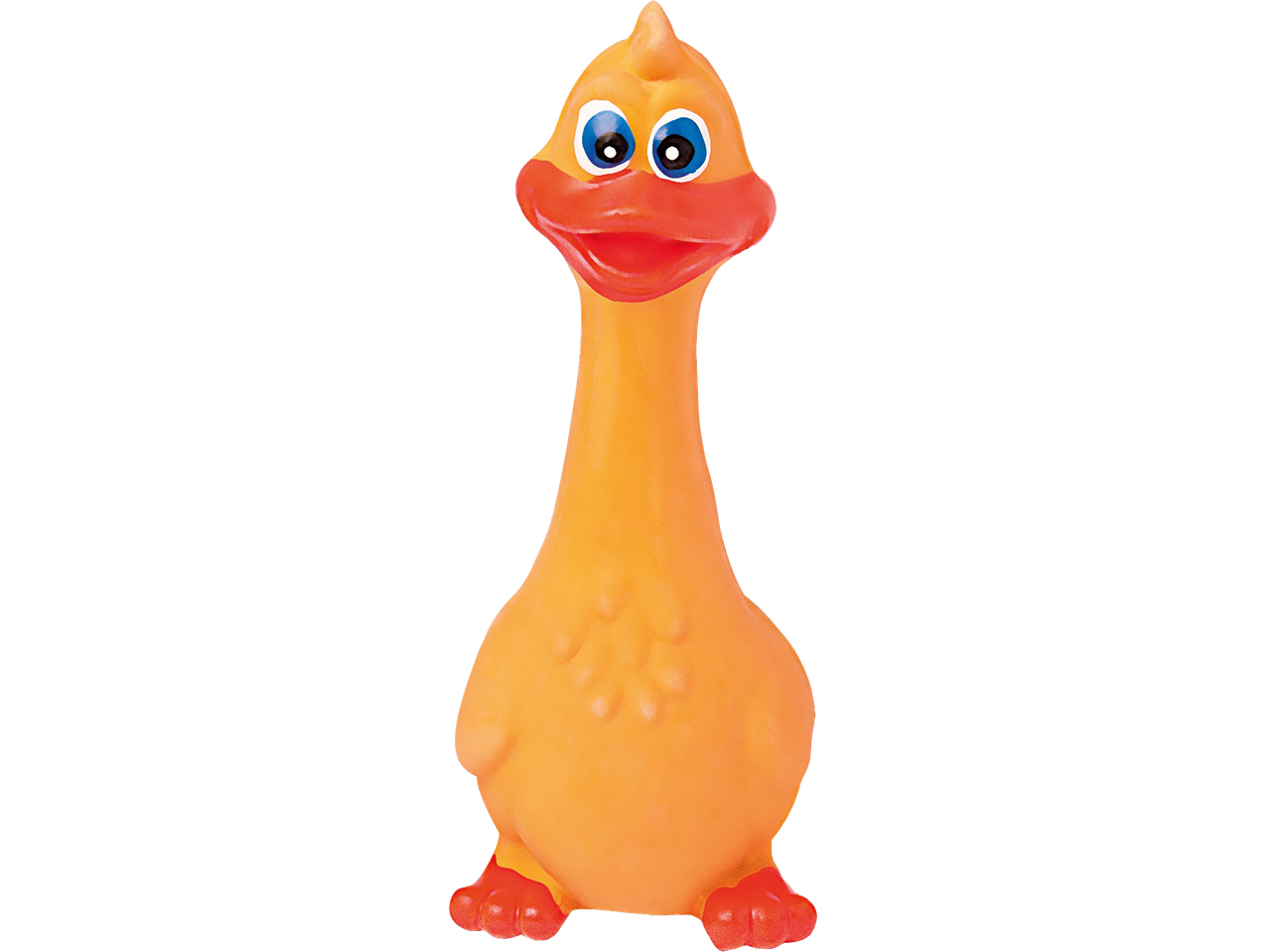 Narancssárga, hosszú nyakú gumikacsa játék kék szemekkel és piros csőrrel.