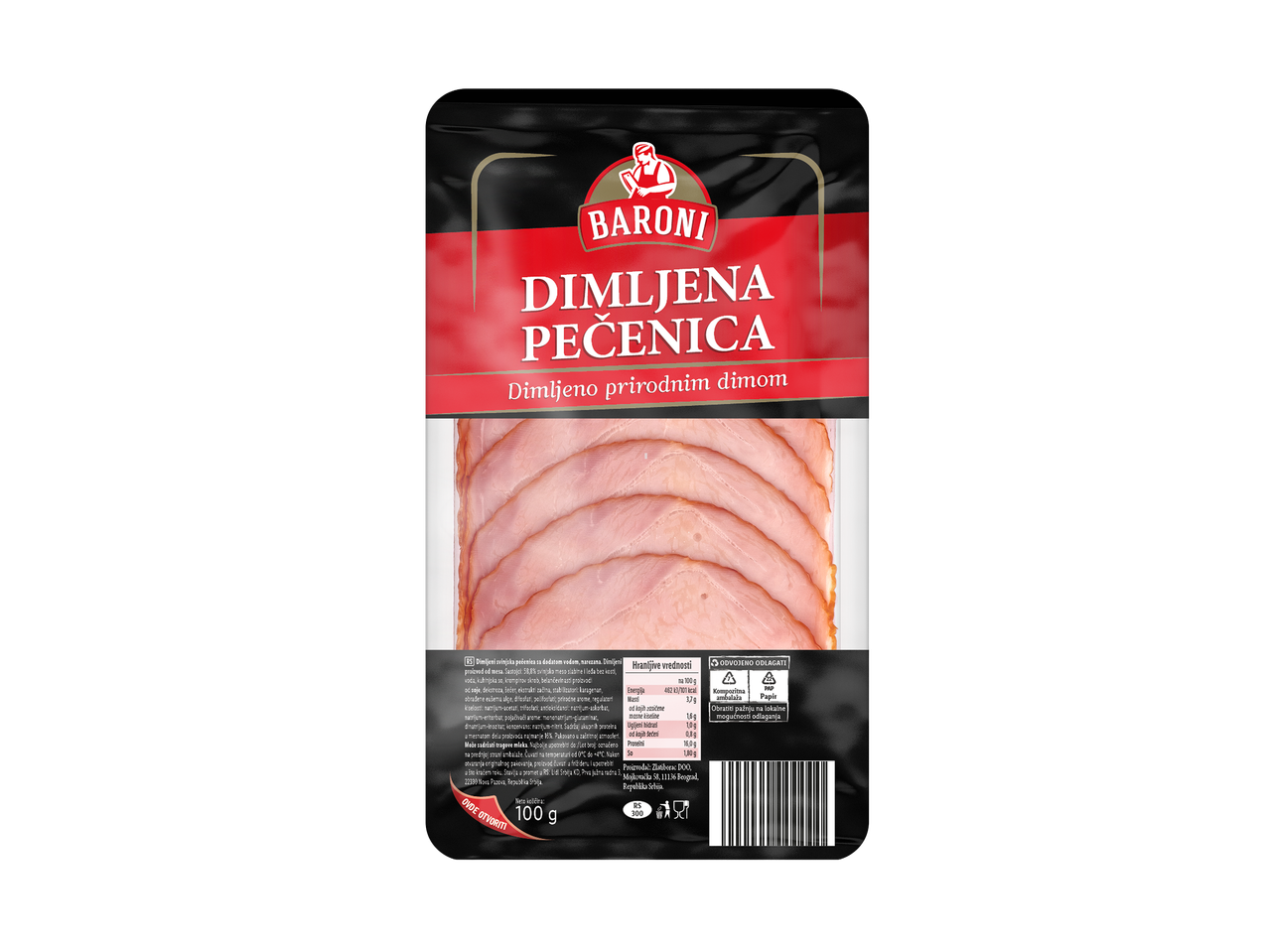 Baroni dimljena pečenica, narezana, 100g pakovanje sa nutritivnim vrednostima