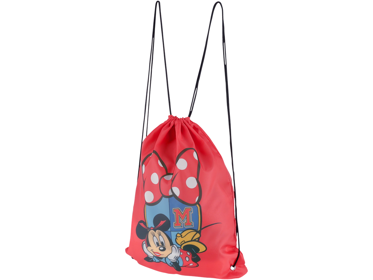 Red Minnie Mouse drawstring backpack.