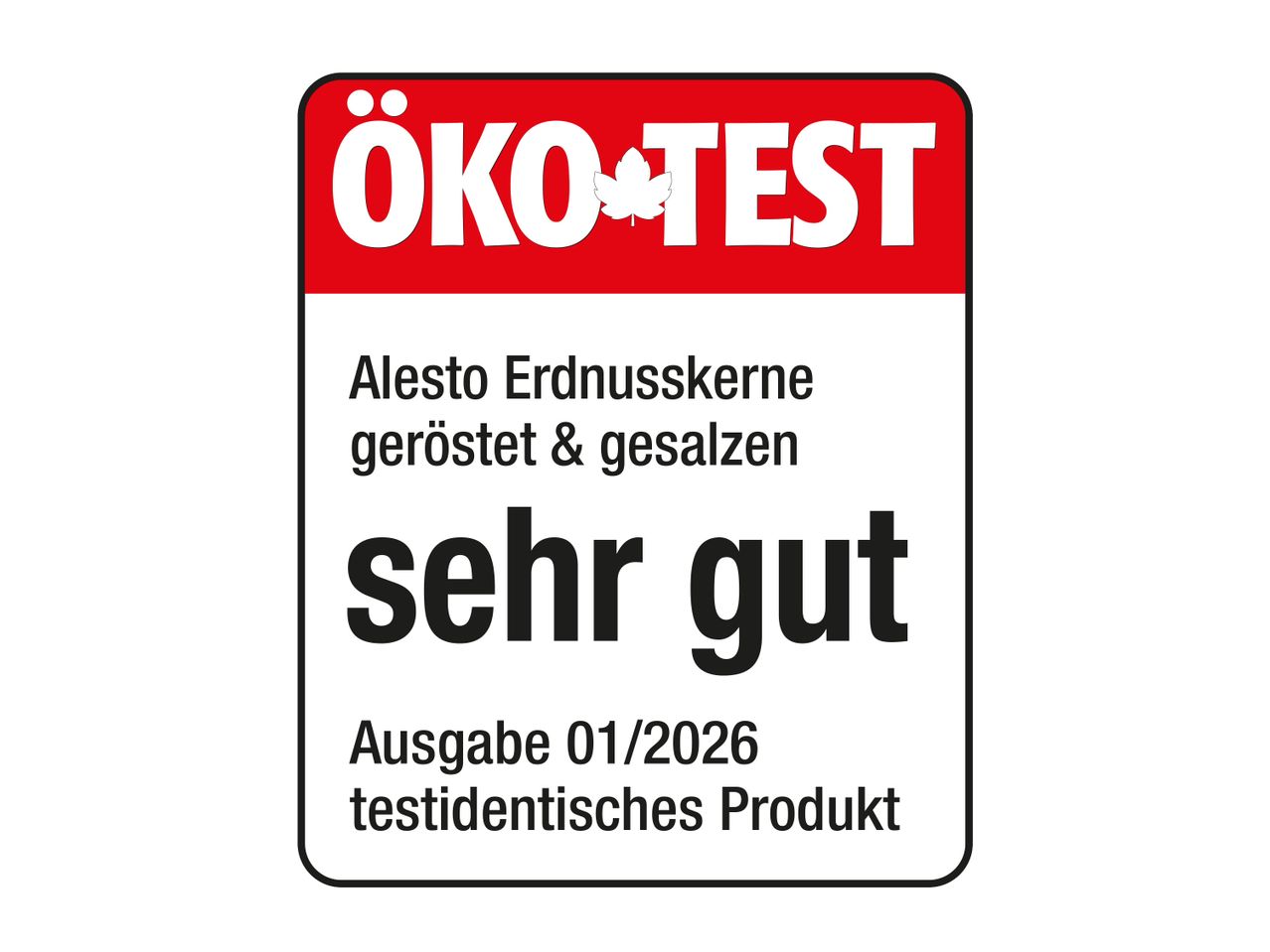 ÖKO-TEST Siegel für geröstete und gesalzene Erdnusskerne, bewertet mit „sehr gut“.
