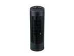 Black tower fan with control buttons for speed and oscillation on top.