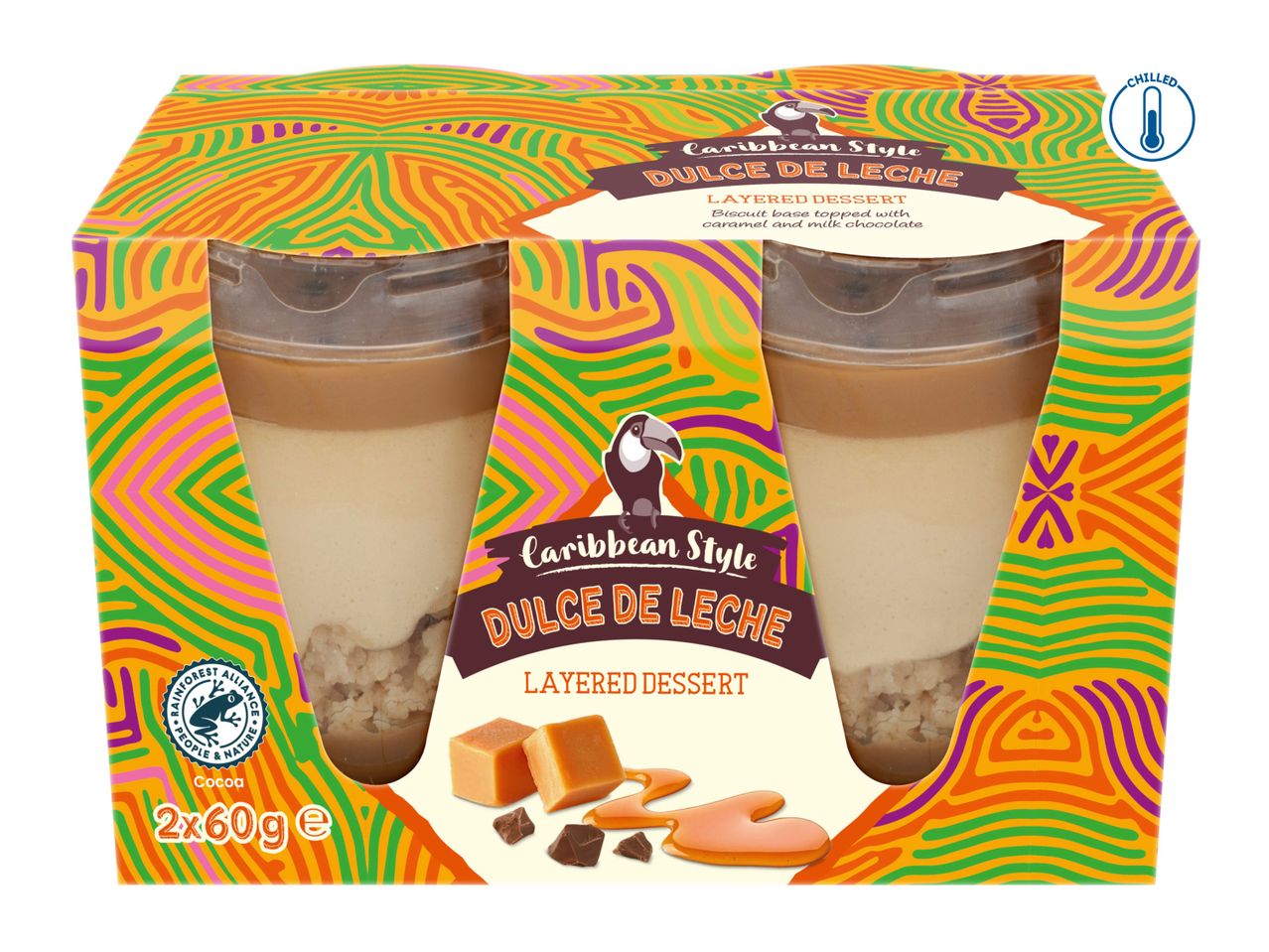 A box of two La Lechera flan desserts, featuring a vibrant design.