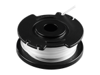 Weed eater string spool: white string in black casing.