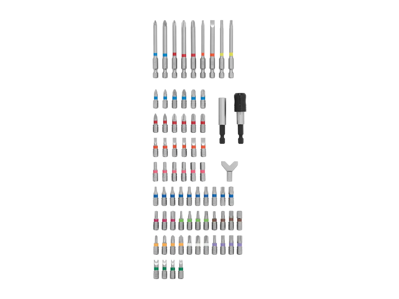 A comprehensive screwdriver bit set with various sizes, color-coded rings, and holders.