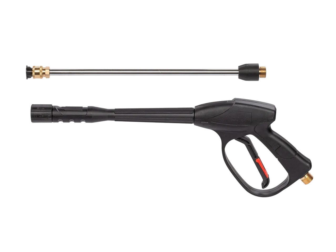 Pressure washer gun with a detachable spray lance, shown against a black background.
