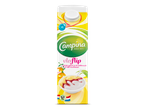 Campina Vlaflip yoghurt en vla vanillesmaak met rode vruchtensaus.