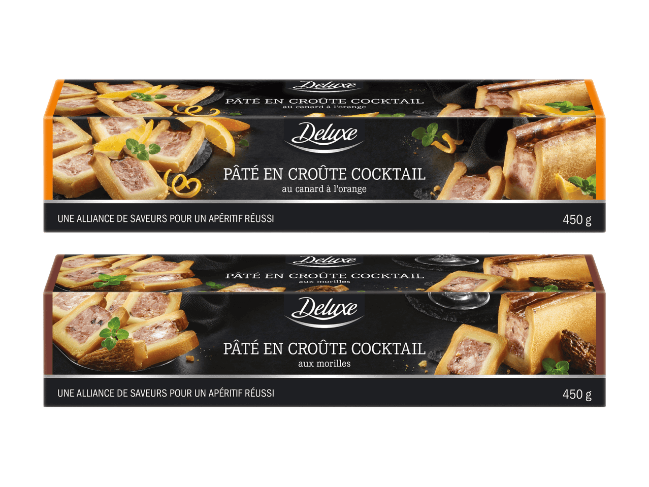 Zwei Packungen Cocktail-Pastete im Teigmantel, mit Ente à l'Orange und mit Morcheln, je 450 g.