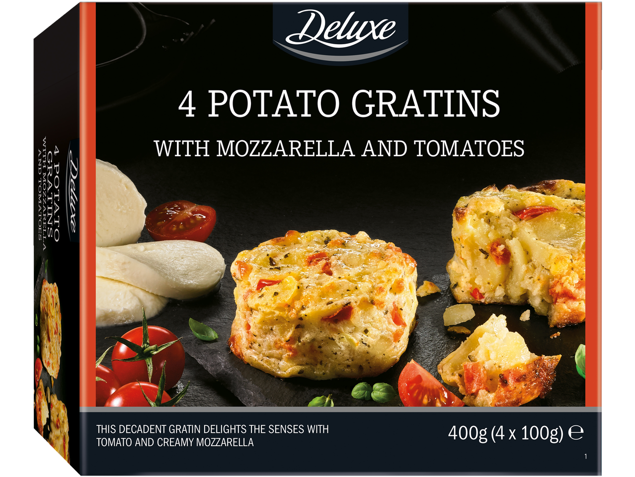 Gratin de cartofi Deluxe cu mozzarella și roșii.